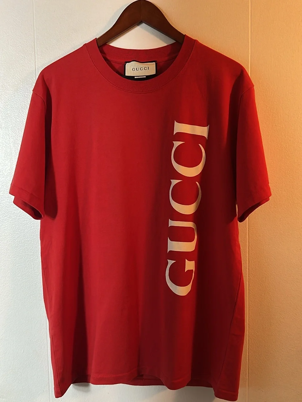 Gucci Red Short Sleeve Tee with Vertical White Logo
